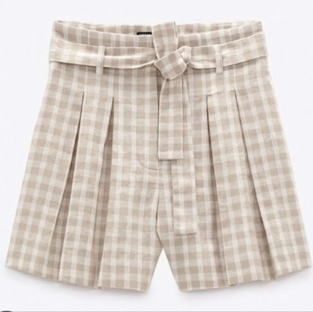 NWT Zara Gingham Linen Blend Shorts L